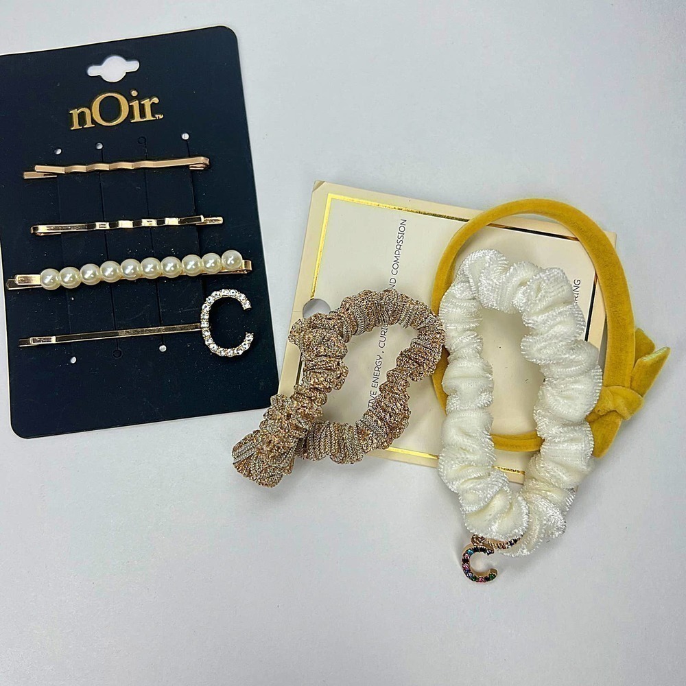 Nordstrom Initial C Gold Bobby Pin Pink Scrunchie Set Pearl Preppy Chic